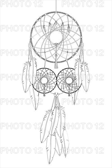 Dreamcatcher vector drawing outlined over white background,