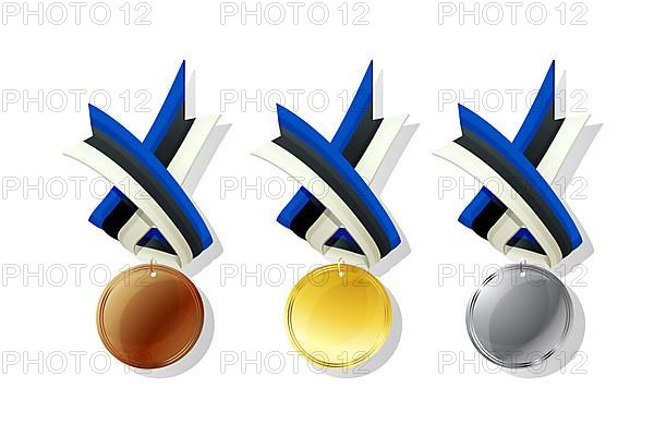 Estonian medals in gold, silver and bronze with national flag. Isolated vector objects over white background