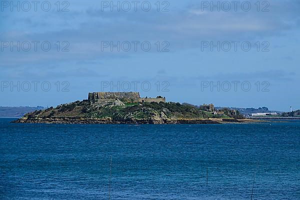 Ile des Morts Dead Island with ruins of the explosives factory in the Bay of Brest, seen from Roscanvel