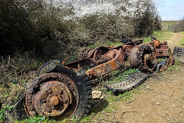 Rusty remains of the chassis of an old military vehicle, Fort de la Fraternite