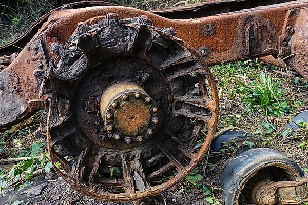 Rusty remains of the chassis of an old military vehicle, Fort de la Fraternite