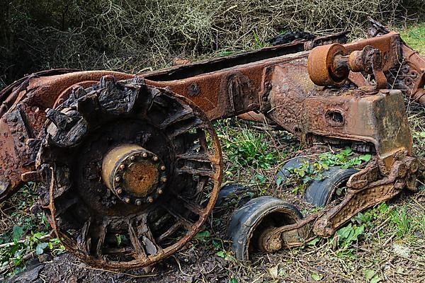 Rusty remains of the chassis of an old military vehicle, Fort de la Fraternite