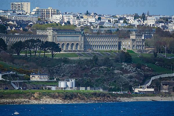 View from the Pointe des Espagnols viewpoint in Roscanvel across the bay to the Lycee Naval de Brest naval school, Crozon Peninsula