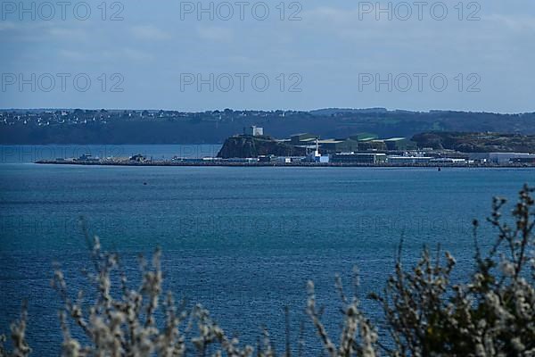 View from the Pointe des Espagnols viewpoint in Roscanvel of Ile Longue, where the French nuclear submarine fleet is stationed