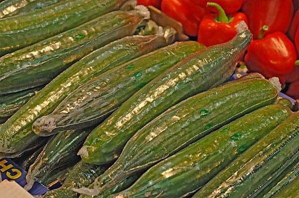 Cucumbers in the supermarket, wrapped in foil