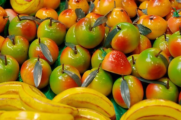 Apples and bananas made from marzipan,