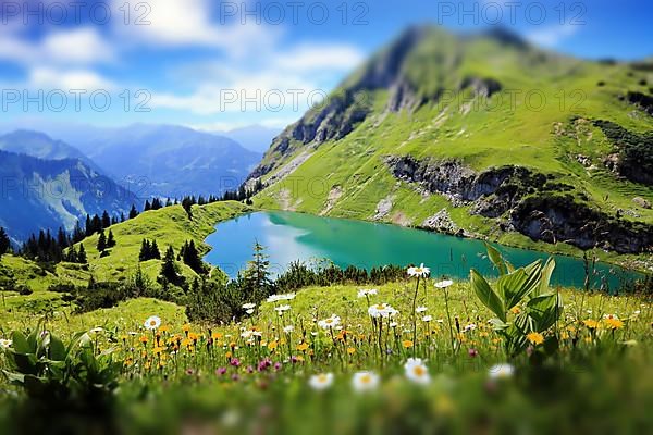 Seealpsee is a high mountain lake with a fantastic view of the Alps and a flower meadow in the foreground. Oytal, Allgaeu Alps