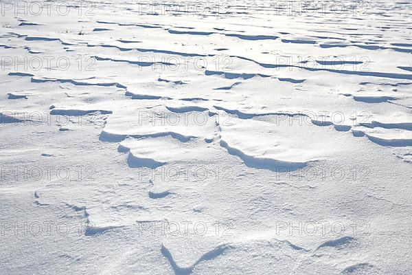 Snow drifts caused by wind from powder snow look like dunes and form bizarre patterns and structures,