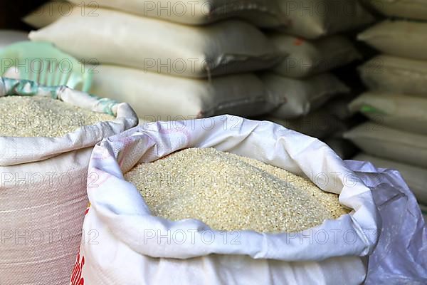 Rice in a sack at Mani Sithu Market. Nyaung-U, Myanmar