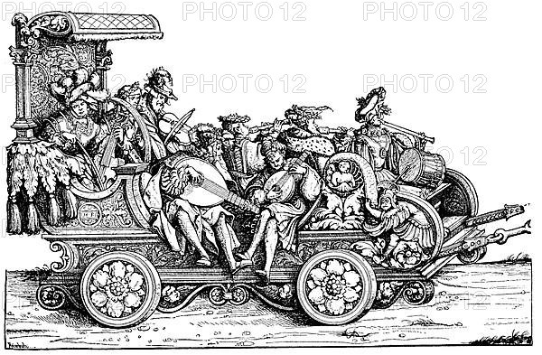 Coach with musicians, group of Maximilian I. Facsimile by Hans Burgkmair Woodcut: Maximilian's triumphal procession is a monumental work from the 16th century