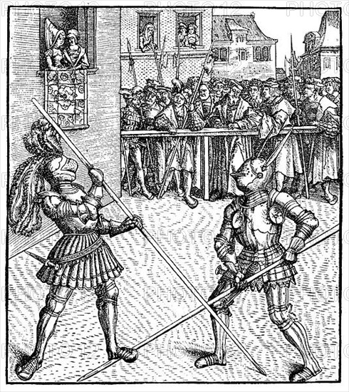 Maximilian in the jousting tournament on foot, facsimile of a woodcut illustrated by Hans Burgkmair