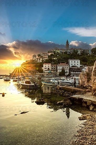 Harbour and old town of Vrbnik in the sunrise, Krk
