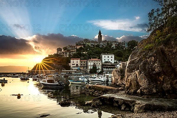 Harbour and old town of Vrbnik in the sunrise, Krk