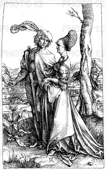 Nobleman and lady promenading, behind the tree trunk Death waits with the hourglass