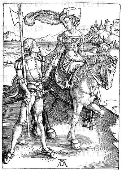 Noble Lady on Horseback, Accompanied by an Armed Servant