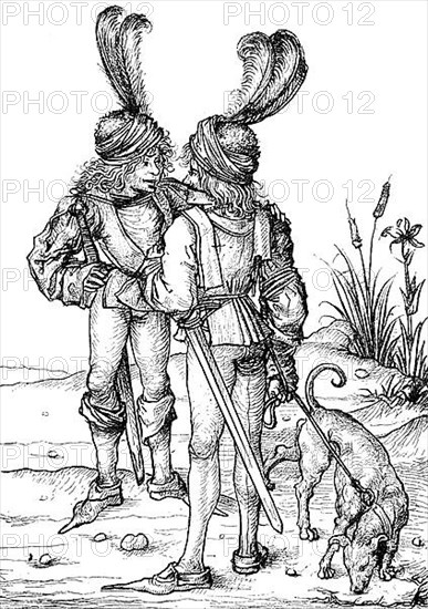 Young, German noble persons with dog in the 15th century
