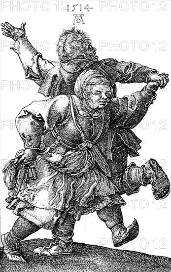 A dancing peasant couple, copperplate engraving by Albrecht Duerer
