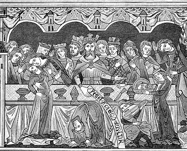 Princely banqueting table with entertainment by dancers at the end of the 12th century, wall painting in Brunswick Cathedral depicting the biblical motif of the Dance of Herodias