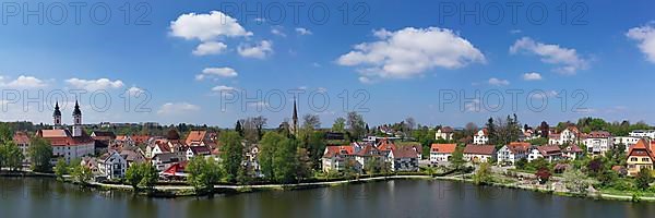 Aerial view of Bad forest lake with the town lake and the town parish church of St. Peter. Bad forest lake, Ravensburg