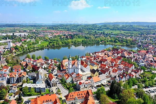 Aerial view of Bad forest lake with the town lake and the town parish church of St. Peter. Bad forest lake, Ravensburg