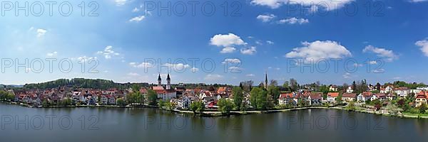 Aerial view of Bad forest lake with the town lake and the town parish church of St. Peter. Bad forest lake, Ravensburg