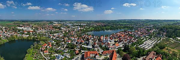 Aerial view of Bad forest lake with the town lake and the town parish church of St. Peter. Bad forest lake, Ravensburg