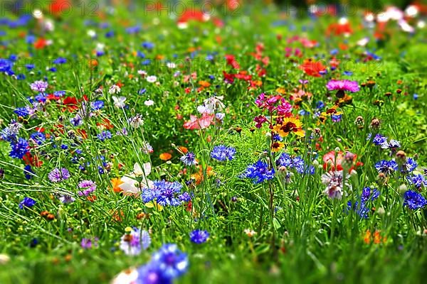 Colourful flower meadow with various wild flowers with tilt-shift effect,