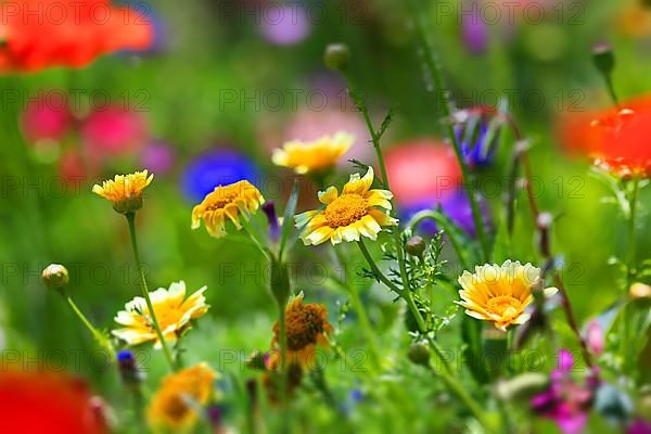 Colourful flower meadow with various wild flowers with tilt-shift effect,