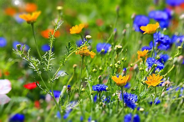 Colourful flower meadow with various wild flowers with tilt-shift effect,