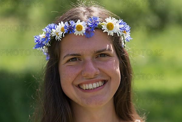 Portrait of a bride with a wreath of flowers in her hair, Mecklenburg-Western Pomerania