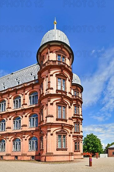 Tower of renaissance castle called 'Schloss Gottesaue' in Karlsruhe city in Germany. Seat of the Karlsruhe University of Music,