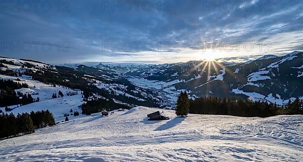 View of the Brixen Valley in winter sunshine, morning sun