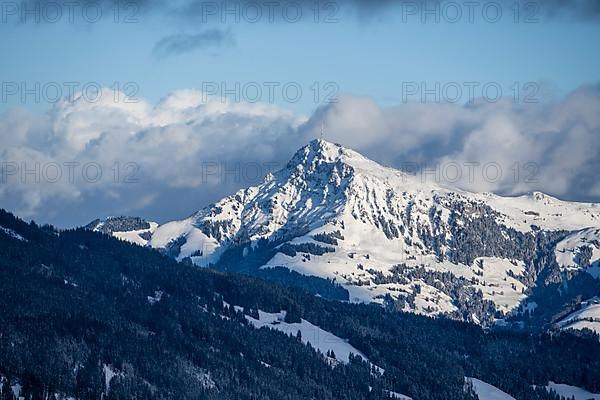 View of the Kitzbueheler Horn, Alps in winter with snow-covered mountains