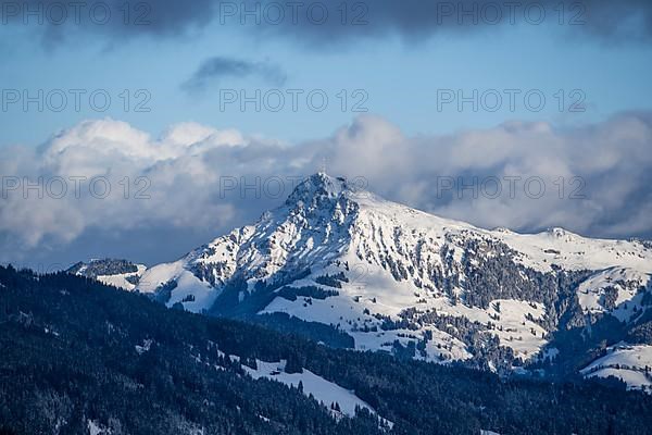 View of the Kitzbueheler Horn, Alps in winter with snow-covered mountains