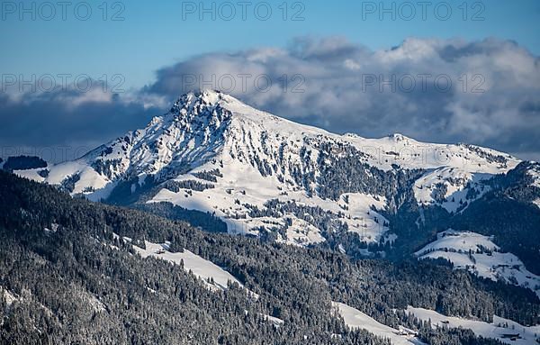 View of the Kitzbueheler Horn, Alps in winter with snow-covered mountains