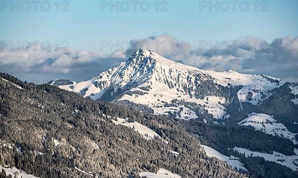 View of the Kitzbueheler Horn, Alps in winter with snow-covered mountains