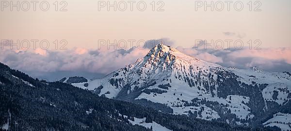 View of the Kitzbueheler Horn, Alps in winter with snow-covered mountains