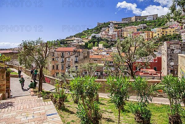 Viewing terrace in the market district of Montesanto with Vomero and Castel Sant Elmo, Naples