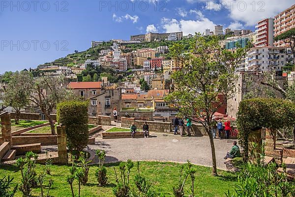 Viewing terrace in the market district of Montesanto with Vomero and Castel Sant Elmo, Naples