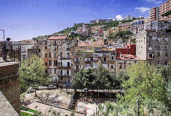 Viewing terrace in the market district of Montesanto with Vomero and Castel Sant Elmo, Naples