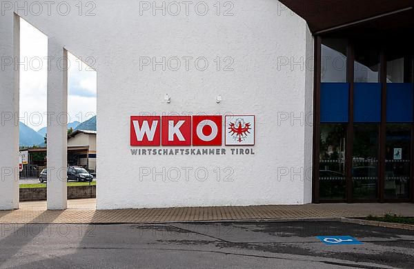 Logo at the entrance to the Tyrol Chamber of Commerce in the village of Reutte, Austria