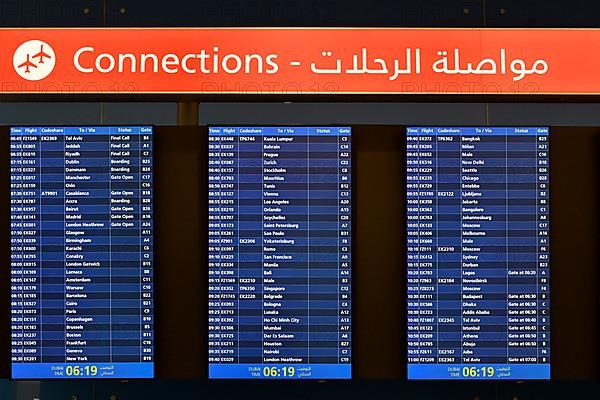 Display board flight connections departures, Dubai