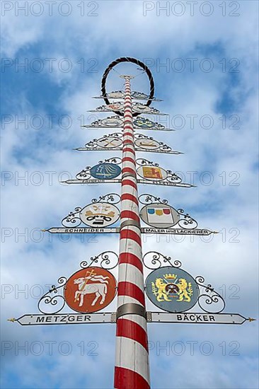 Maypole with professional symbols on a market place in Bayreuth, Bavaria