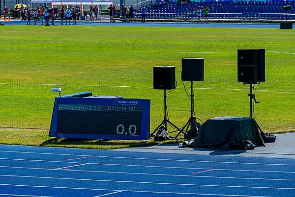 Blue tartan track on a sports field, Berlin