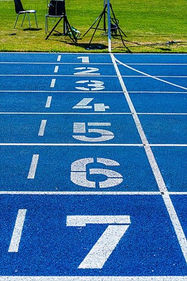 Blue tartan track on a sports field, Berlin