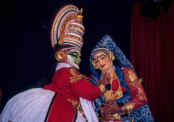 Pacha Green noble and the divine and Minukku radiant characters in Kathakali, Kerala Kalamandalam Koothambalam temple theatre Cheruthuruthy near Soranur