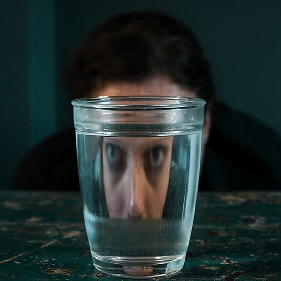 Curious face of a woman reflected in a water glass,