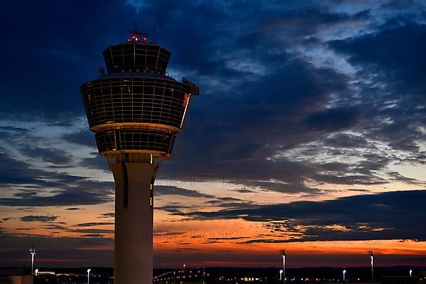 Tower at Munich Airport, sunset