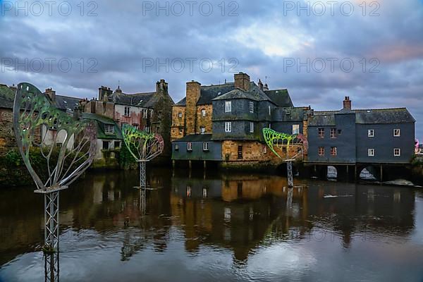 Coloured light installations at Christmas time on the Pont de Rohan bridge over the river Elorn, Landerneau