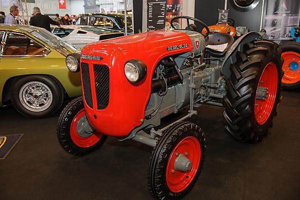 Historic red tractor Lamborghini agricultural machine, Techno Classica fair